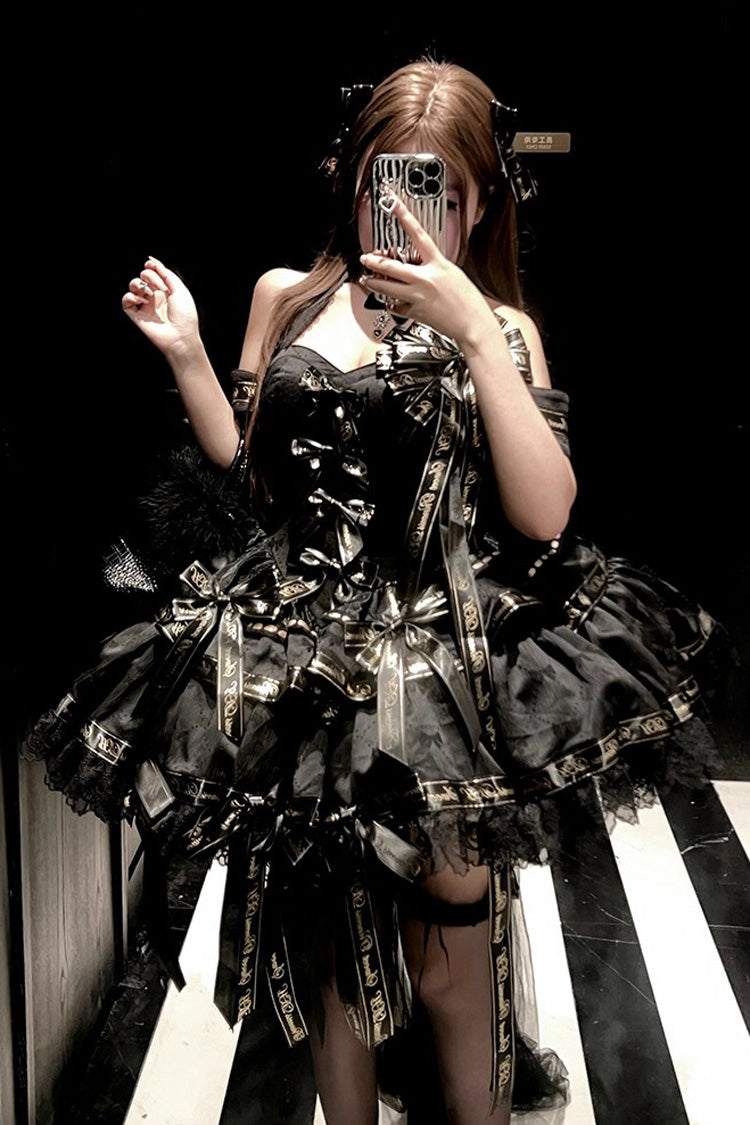 Black Young Lady Halterneck Sleeveless Multi-Layered Ruffle Bowknot Elegant Princess Gothic Lolita Dress