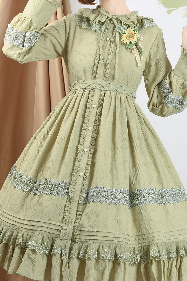 Spring Dawn Long Sleeves Jacquard Ruffle Bowknot Sweet Vintage Lolita Dress 3 Colors