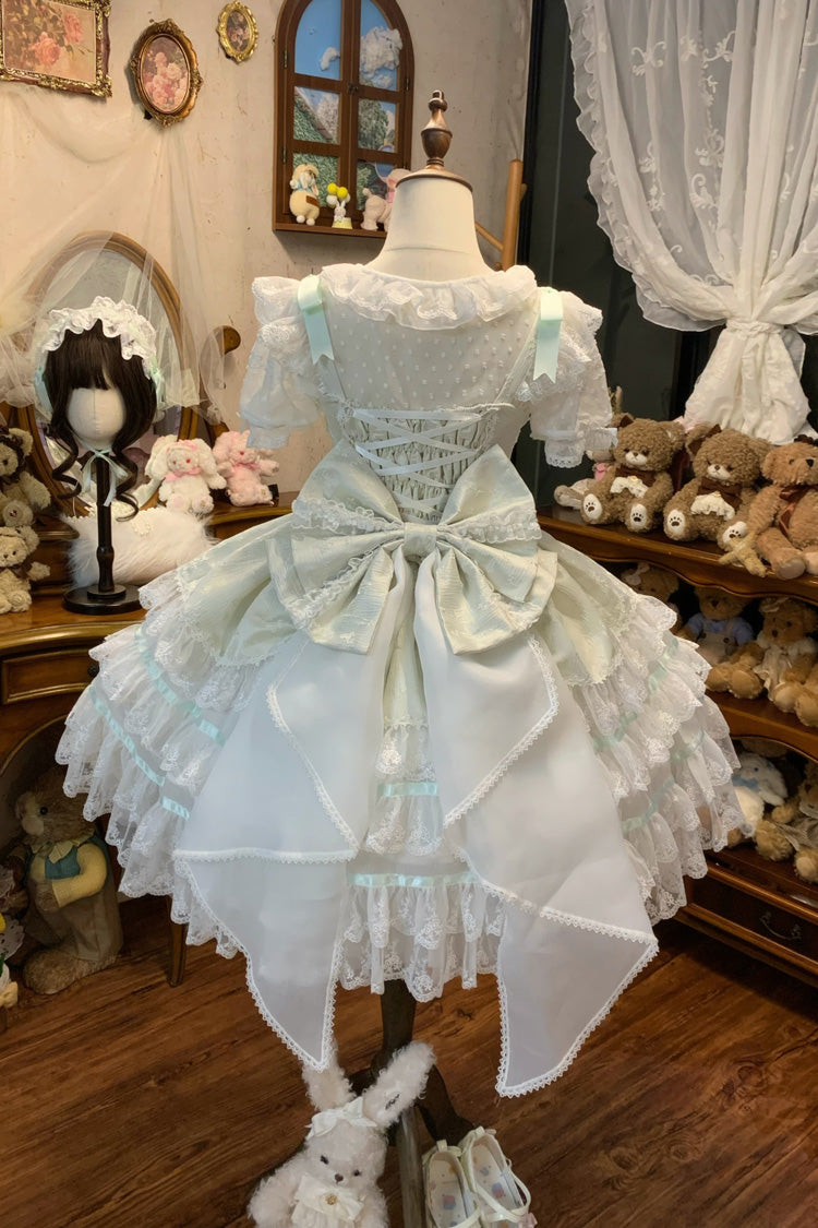 Green Snow Kissed Romance Sleeveless High Waisted Multi-Layered Bowknot Lace Pearl Sweet Ballet Lolita Jsk Dress