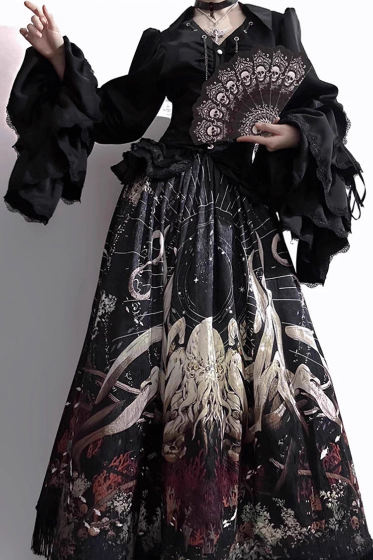 Black Reborn Ancient God Long Hime Sleeves Print Lace Gothic Lolita Skirt Dress Set