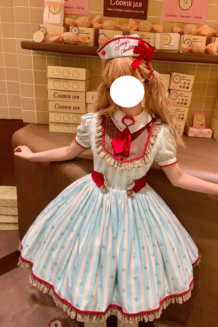 Green Jenny's Chocolate Short Sleeves Vertical Stripes Print Ruffle Bowknot Sweet Lolita Dress