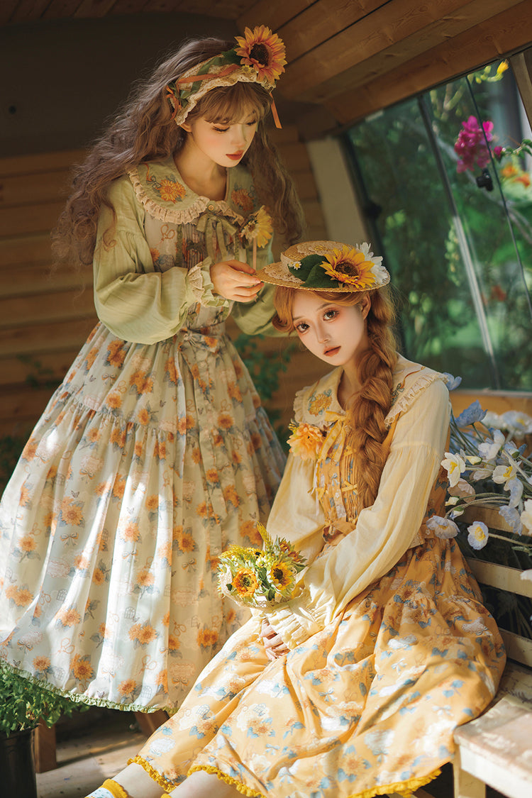 Yellow Gardening Sunflower Sleeveless Print Ruffle Bowknot Sweet Elegant Lolita Jsk Dress