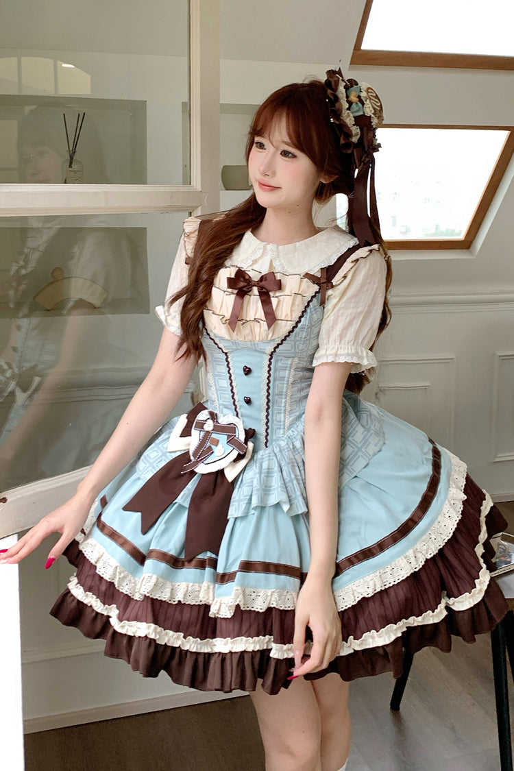 Green/Brown Mint Chocolate Sleeveless Triple-Layered Ruffle Bowknot Sweet Lolita Jsk Dress