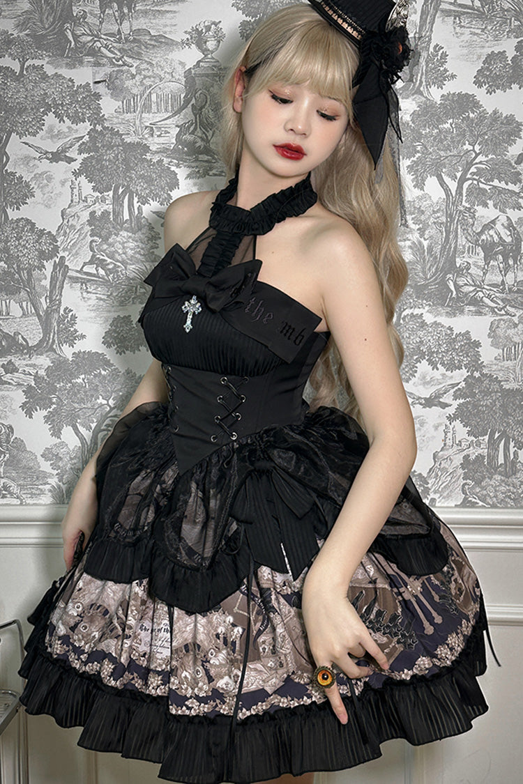 Black The Mystery of The Doll Halterneck Print Ruffle Bowknot Drawstring Gothic Lolita Dress