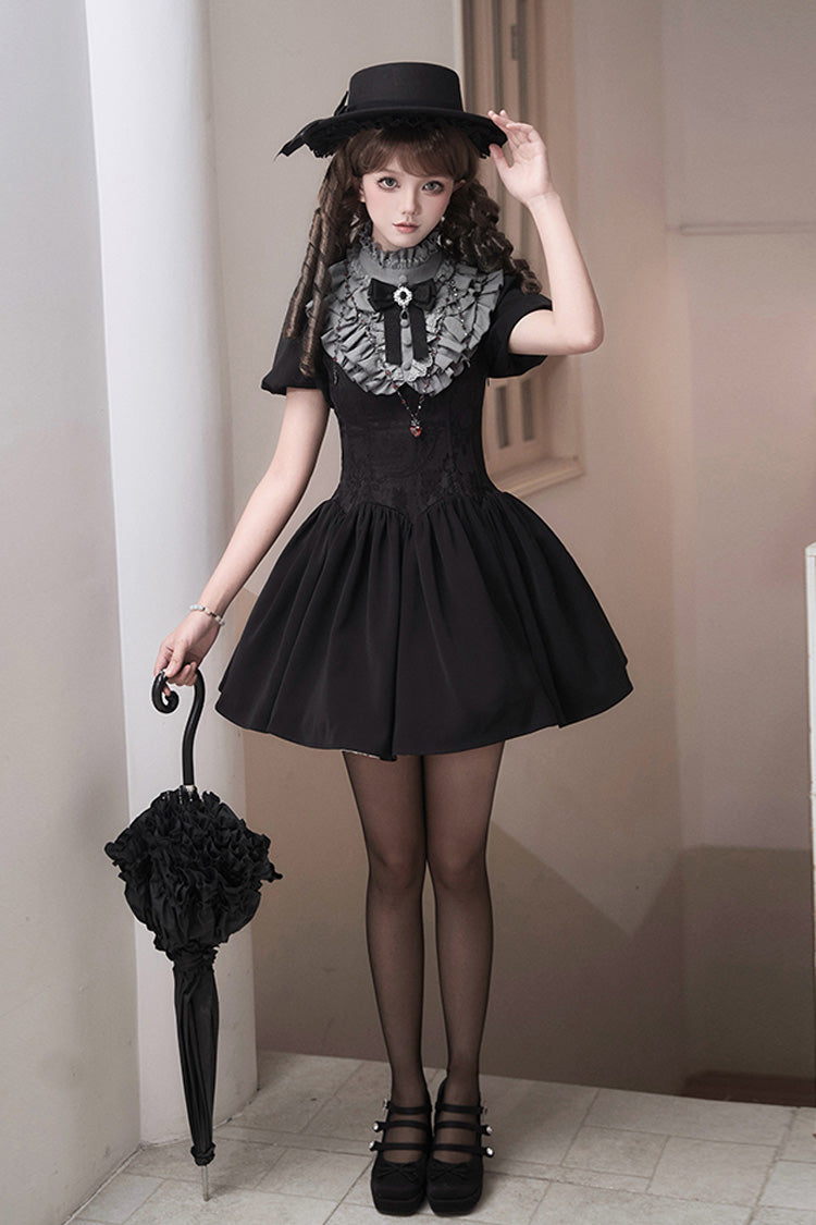 Black Old Testament Short Sleeves Ruffle Embroidery Bowknot Lace-Up Gothic Lolita Dress 2 Versions