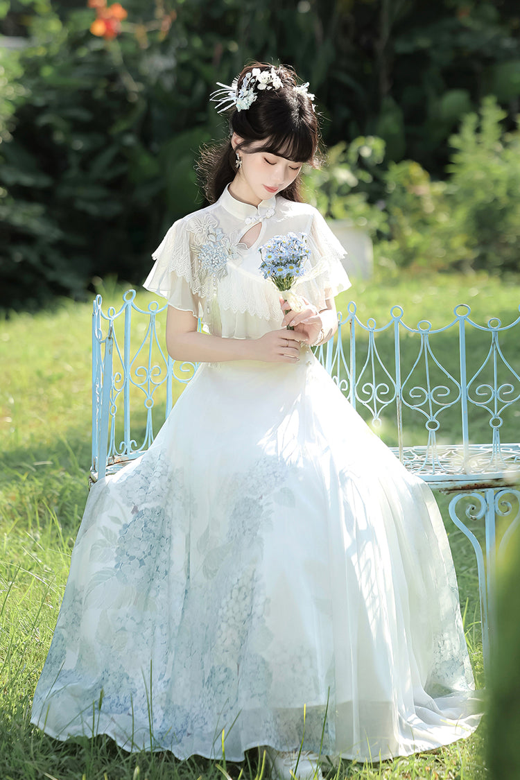 White Hydrangea Message Short Sleeves Print Ruffle Lace Sweet Chinese Style Elegant Lolita Dress
