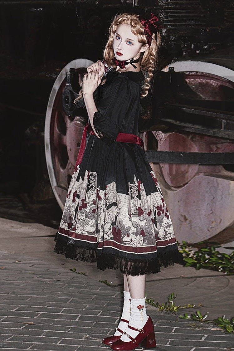 Black Alice of the Asylum Print Bowknot Lace Gothic Lolita Dress 2 Versions