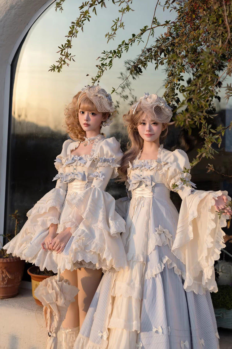 Blue Letter Paper Sleeveless Double-Layered Printed Ruffled Open-Front Bow Lace-Up Sweet Lolita Jsk Dress (Short Version)