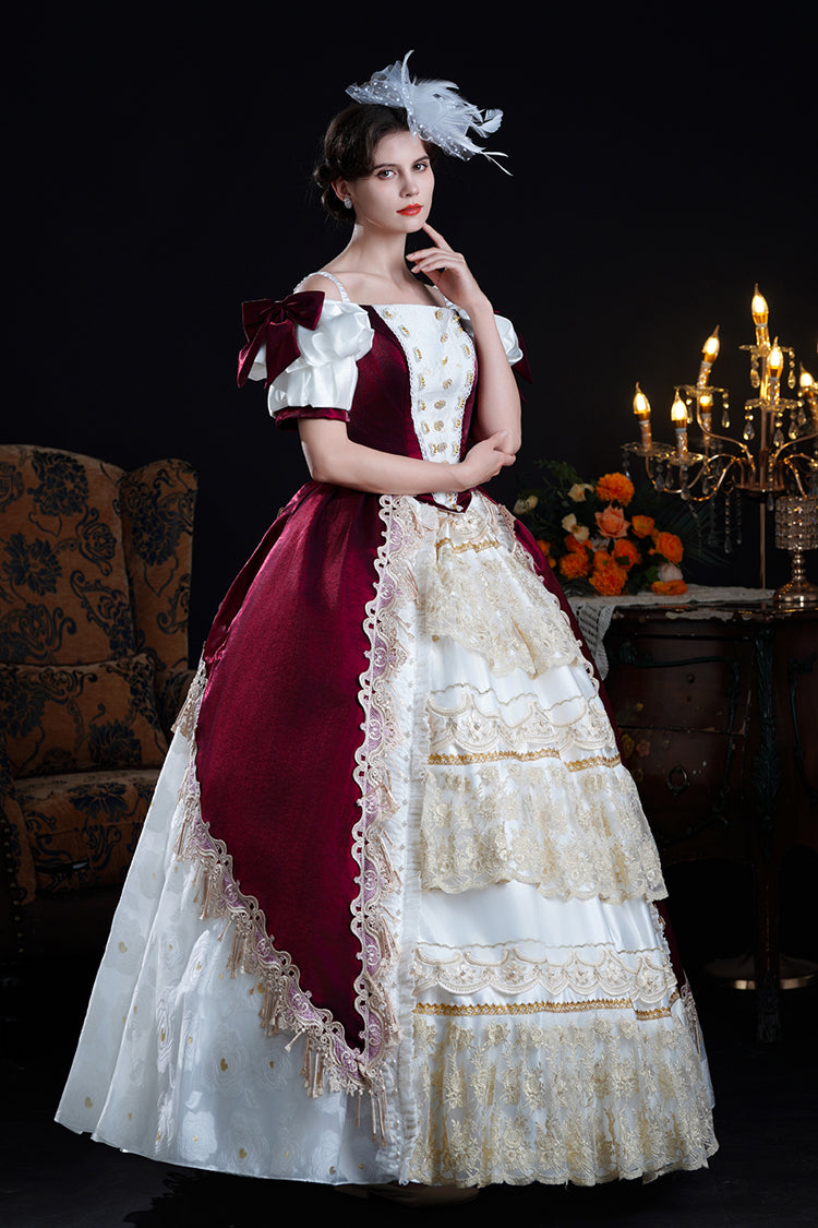 Red/Apricot Off Shoulder Short Sleeves Ruffle Cardigan Bowknot Lace Classic Princess Palace Lolita Victorian Dress