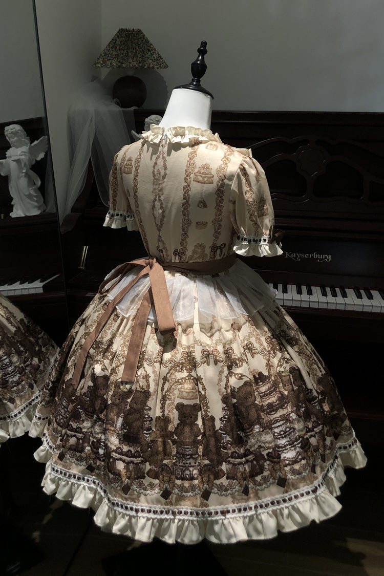 Brown Teddy Bear Party Round Collar Short Sleeves Printed Ruffled Bow Daily Sweet Lolita Dress