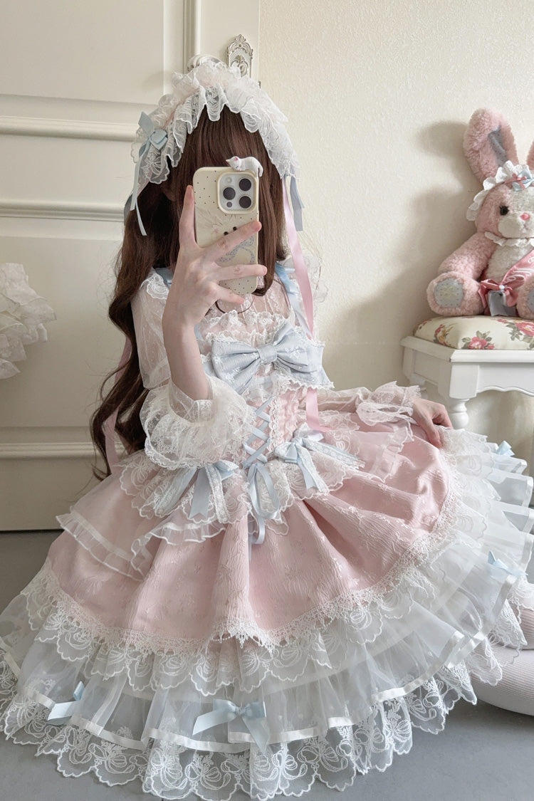 Pink Fleishi Island Sleeveless Ruffle Bowknot Lace Slim Sweet Ballet Lolita Jsk Dress