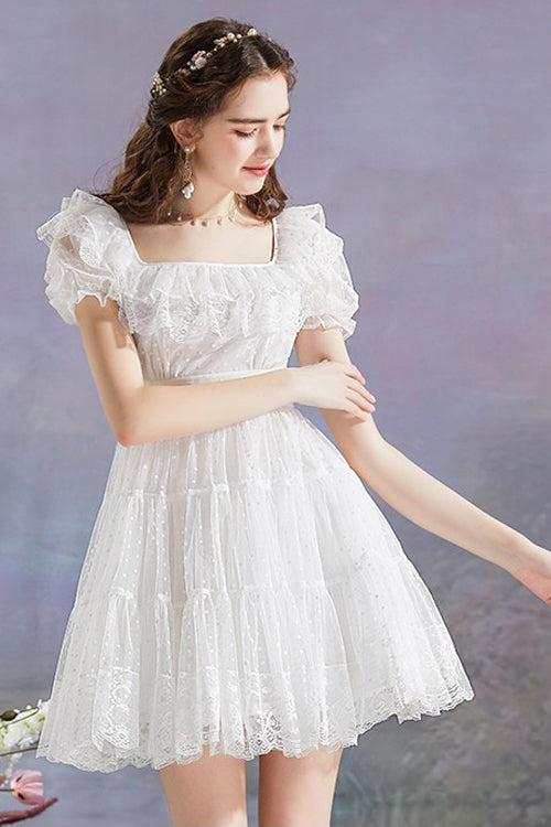 White Vintage Square Collar Ruffled Princess Short Sleeve Dot Print High Waisted Mesh Sweet Lolita Dress