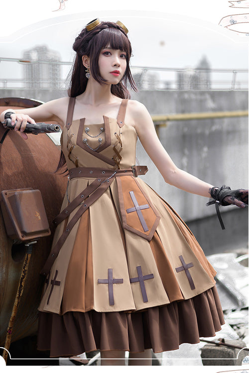 Brown Retro Military Style Dawn Classic Lolita JSK Dress Full Set