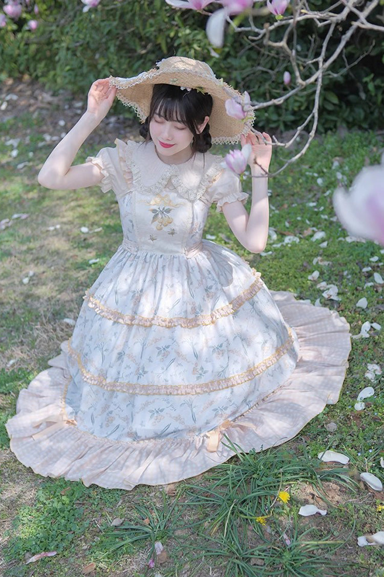 Multi-Color Cherry Butterfly Printed Embroidered Ruffle Sweet Lolita JSK Dress