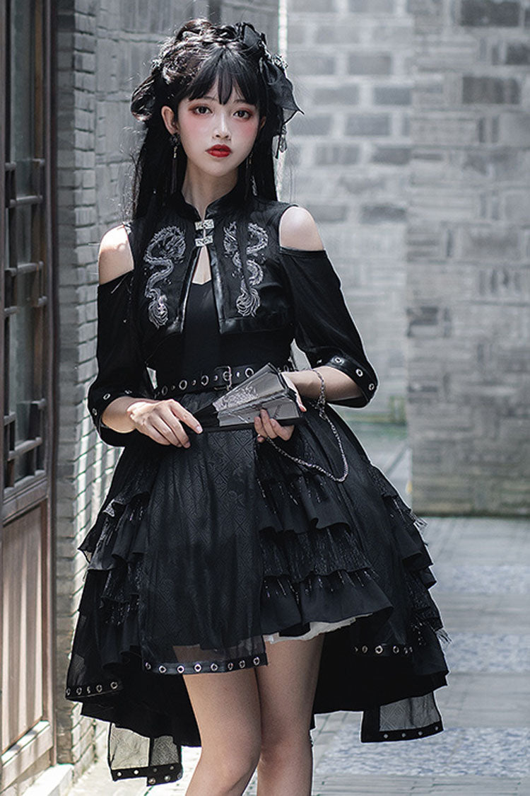 Dark Boat Neck Dragon Print Chinese Style High Waisted Multi-Layer Ruffled Gothic Lolita Jsk Dress