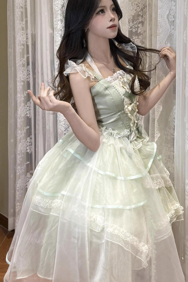 Green Lily of the Valley Summer Polka Dot Print Ruffle Bowknot Lace-Up Sweet Princess Lolita Jsk Dress