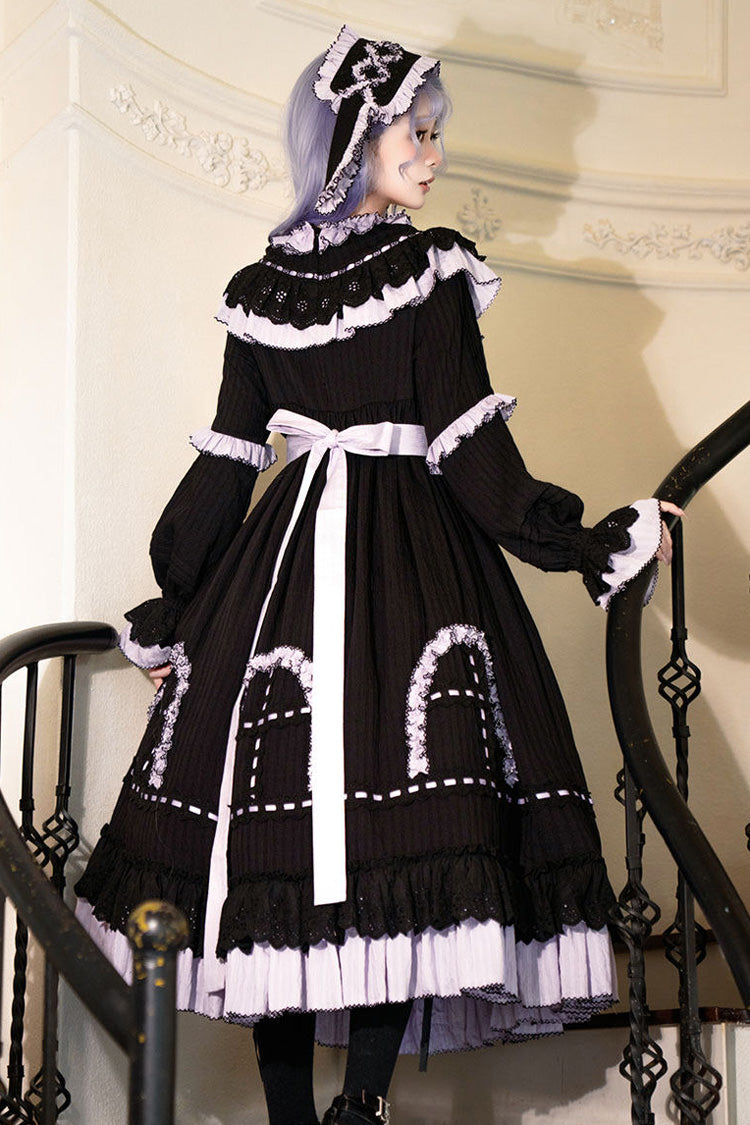 Black Twin Lilian Round Collar Long Sleeves Double-Layered Ruffled Bow Lace-Up Gothic Lolita Dress