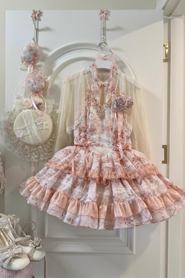 Peach Moon Bamboo Halterneck Multi-layer Print Ruffle Sweet Chinese Style Lolita Dress 2 Colors