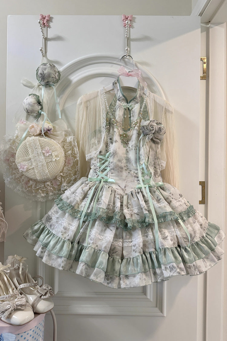 Peach Moon Bamboo Halterneck Multi-layer Print Ruffle Sweet Chinese Style Lolita Dress 2 Colors