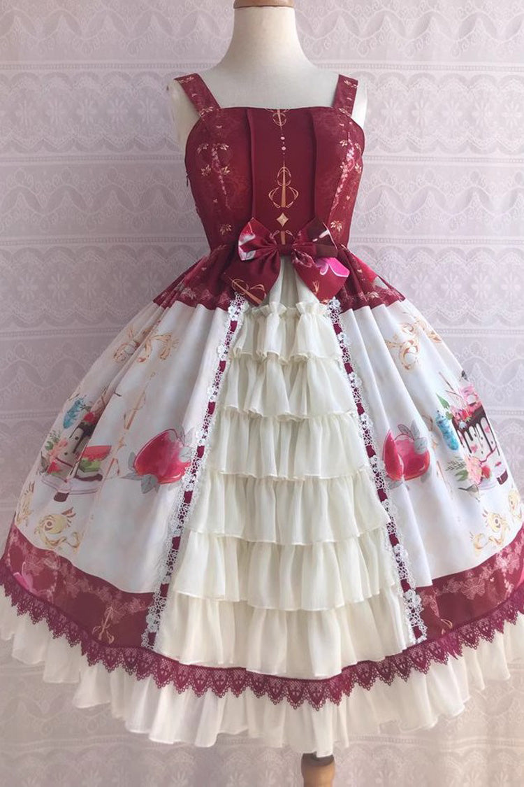 Cool Summer Dessert Print Ruffle Cardigan Bowknot Sweet Lolita Jsk Dress 3 Colors
