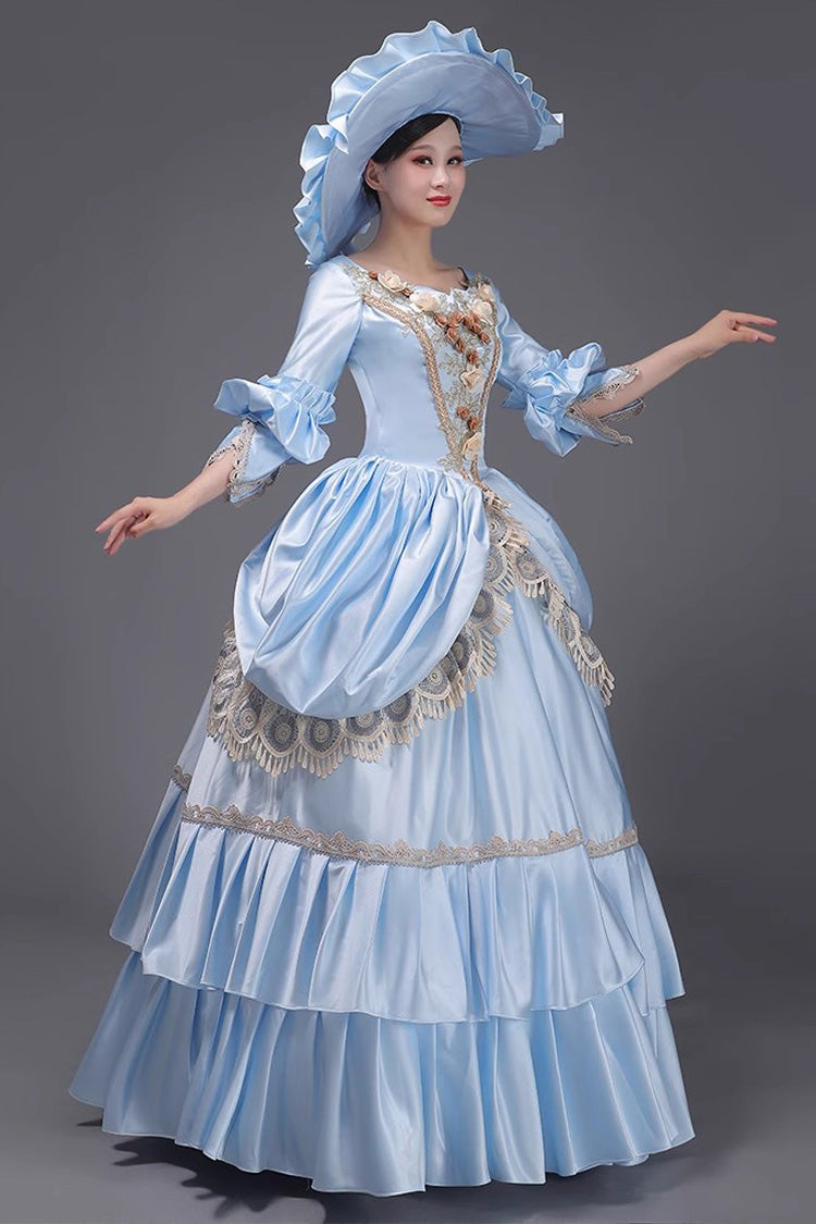 Blue 3D Flower Decoration Multi-layer Ruffle Embroidery Cardigan Sweet Vintage Princess Victorian Dress