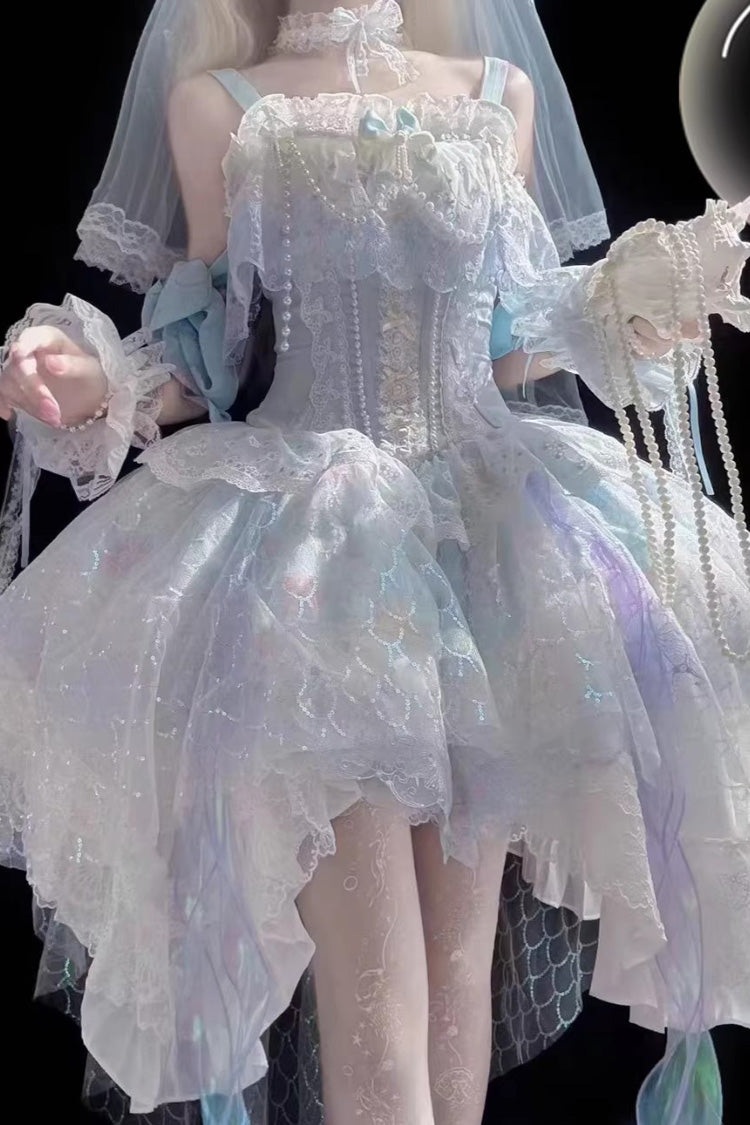 Sea Blue Mermaid's Tears Sleeveless Ombre Printed Hanayome Pearl-Decorated Sweet Lolita Jsk Dress Set
