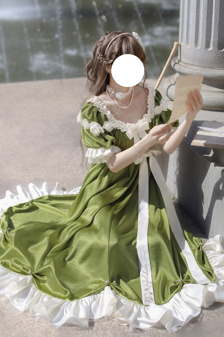 Green Square Collar Short Sleeves Ruffle Bowknot Sweet Regency-Style Vintage Lolita Dress