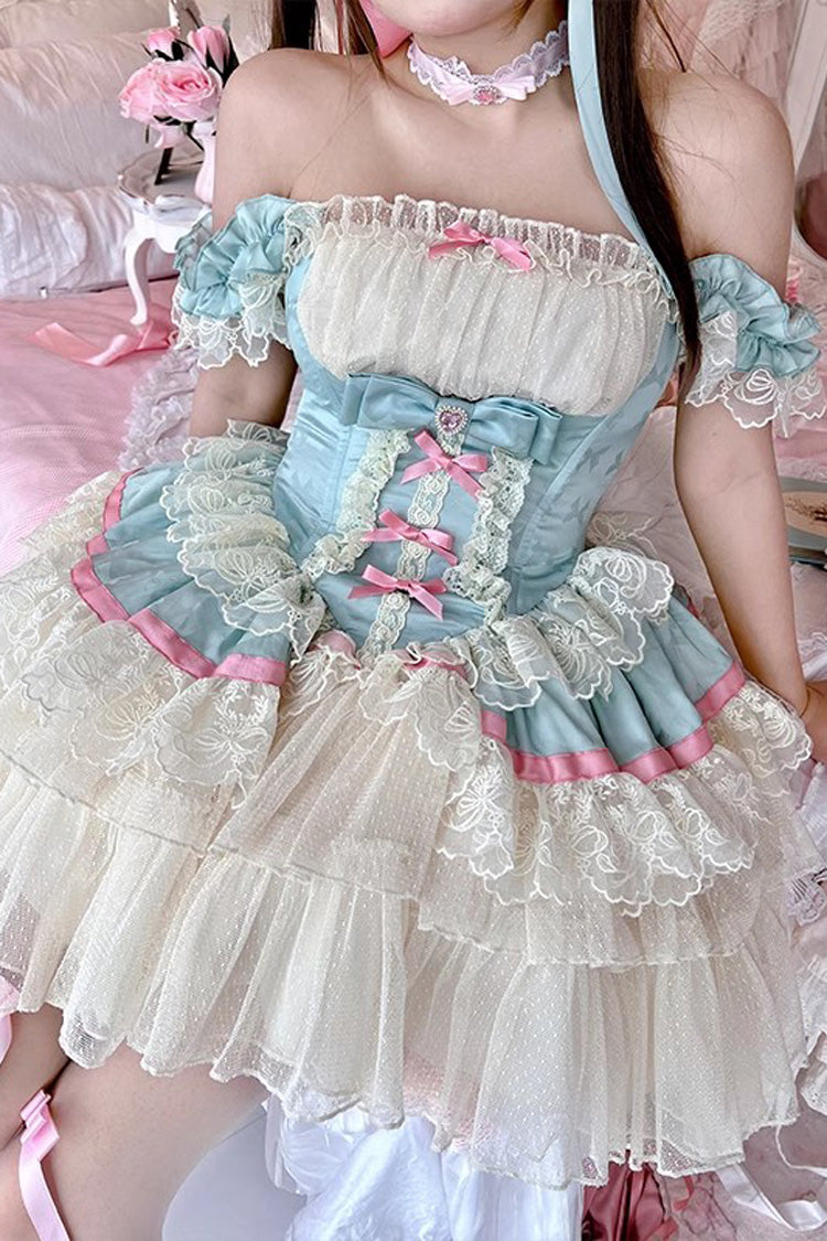 Blue/White Girly Scent Triple-Layered Ruffle Bowknot Lace Sweet Ballet Lolita Dress