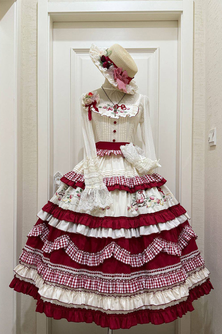 Red Strawberry Basket Square Collar Multi-Layered Printed Ruffled Embroidered Bow Sweet Lolita Jsk Dress