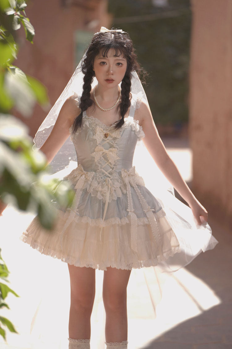 Blue Sweetheart Splolita Ruffle Bowknot Lace-Up Sweet Lolita Skirt Set