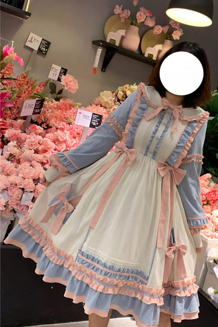 Blue/Pink Sweetheart Puff Doll Collar Long Sleeves Ruffle Bowknot Sweet Plus Size Lolita Dress