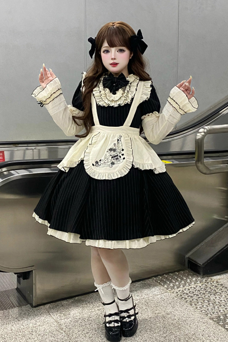 Black Short Sleeves Stripe Print Ruffle Bowknot Sweet Plus Size Maid Lolita Dress