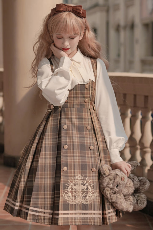 Detective Girl Lapel Collar Double Breasted Embroidery Fake Two Pieces Plaid Sweet Lolita OP Dress