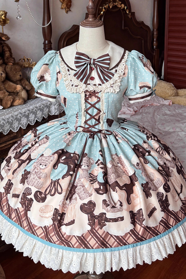 Brown Peppermint Chocolate Chocolate Cake Bear Print Ruffle Bowknot Lace-Up Sweet Lolita Dress