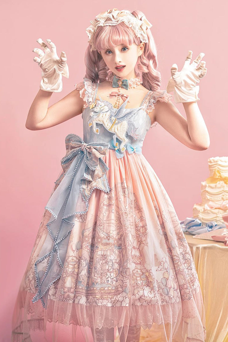 Pink Cloud Paradise Print Ruffle Embroidery Bowknot Lace Sweet Lolita Jsk Dress