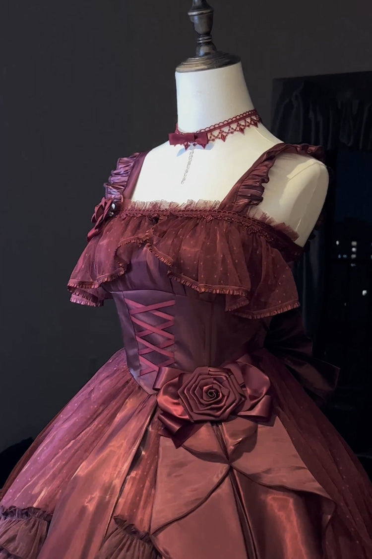 Red Square Collar Sleeveless Ruffled Bow Lace-Up Classic Elegant Princess Lolita Jsk Dress
