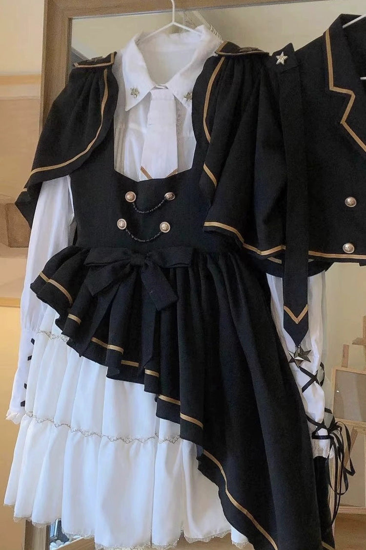 Black/White Commander Long Sleeves Ruffle Bowknot Irregular Sweet Lolita Dress Coat Cloak Set