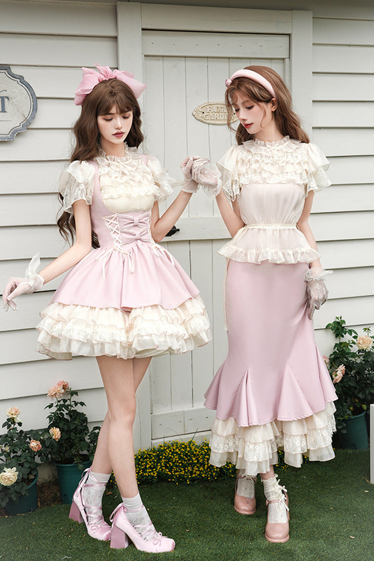 Pink Love Diary Multi-Layered Ruffle Bowknot Lace-Up Sweet Lolita Jsk Bustier Dress
