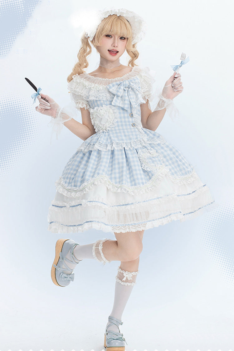 Blue Tea Break Sweetheart Short Sleeves Multi-Layered Plaid Print Ruffle Sweet Lolita Dress