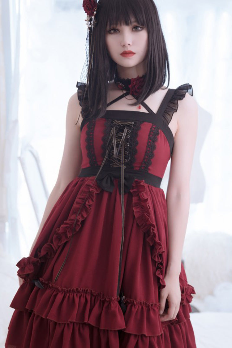 Red Seven Deadly Sins - Wrath Double-Layered Ruffle Stitching Lace Gothic Lolita Jsk Dress