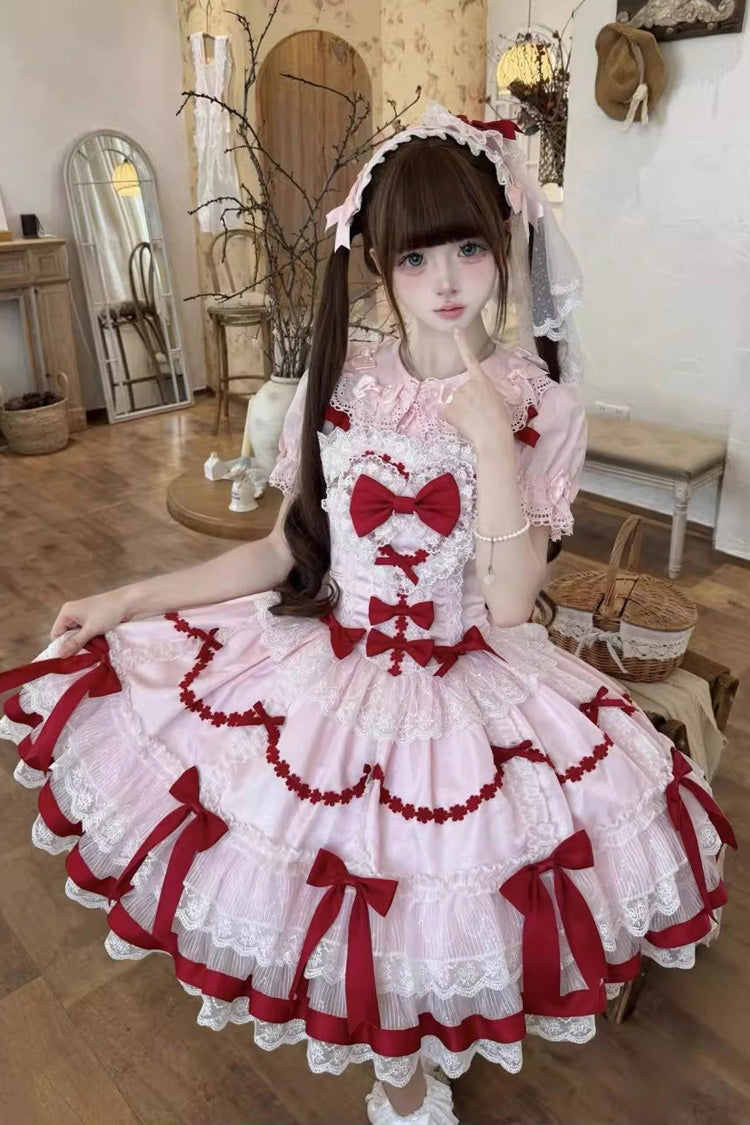 Red/Pink Scarlet Heart Cocoa Sleeveless Triple-Layered Ruffle Embroidery Bowknot Lace Sweet Lolita Jsk Dress