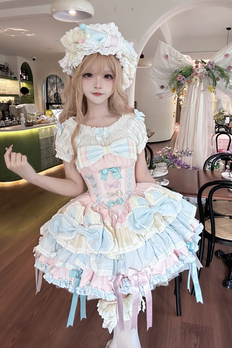 Multi-Color Ribbon Dance Multi-Layered Ruffle Bowknot Lace-Up Sweet Princess Lolita Dress
