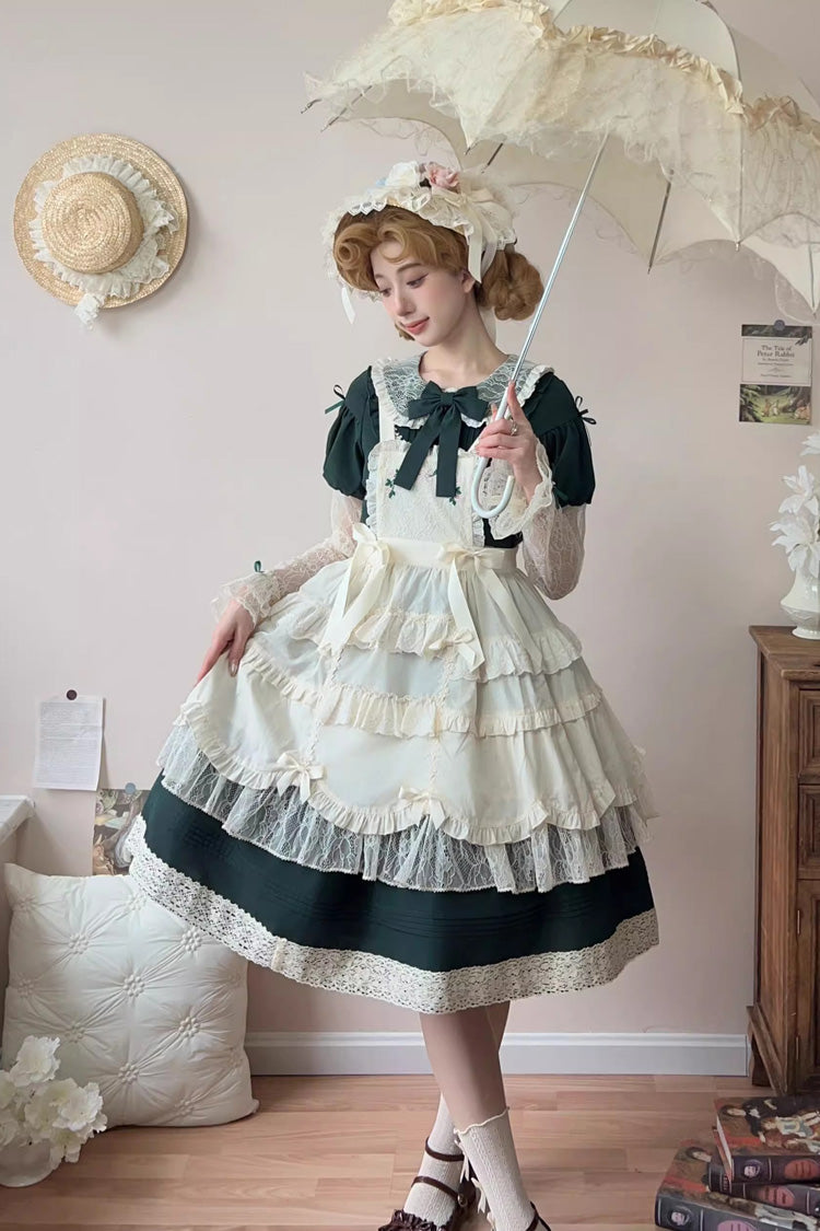 Green Mist over Flowers Along the Path Lapel Collar Long Sleeves Embroidery Bowknot Lace Sweet Lolita Dress