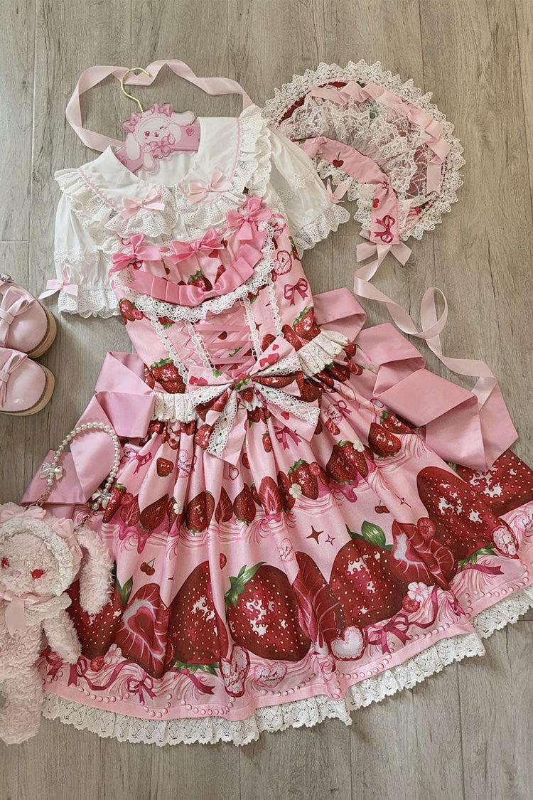 Sweet Berry Tale Strawberry Print Ruffle Bowknot Lace Sweet Lolita Jsk Dress 4 Colors