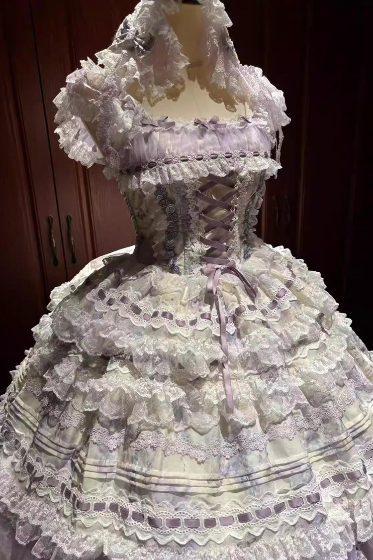 Purple Wisteria Sleeveless Multi-Layered Hanayome Bow Lace Lace-Up Sweet Gorgeous Lolita Jsk Dress Set