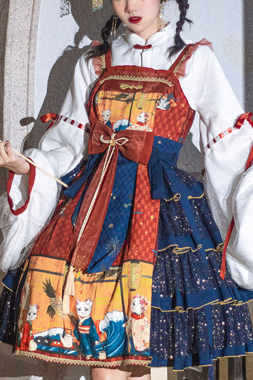 Blue Ukiyoe Cat & Waves Print Sleeveless Multi-Layer Sweet Lolita JSK Dress
