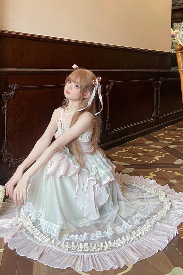 Pink/Green Summer Garden Ruffle Embroidery Bowknot Lace Sweet Lolita Jsk Long Dress