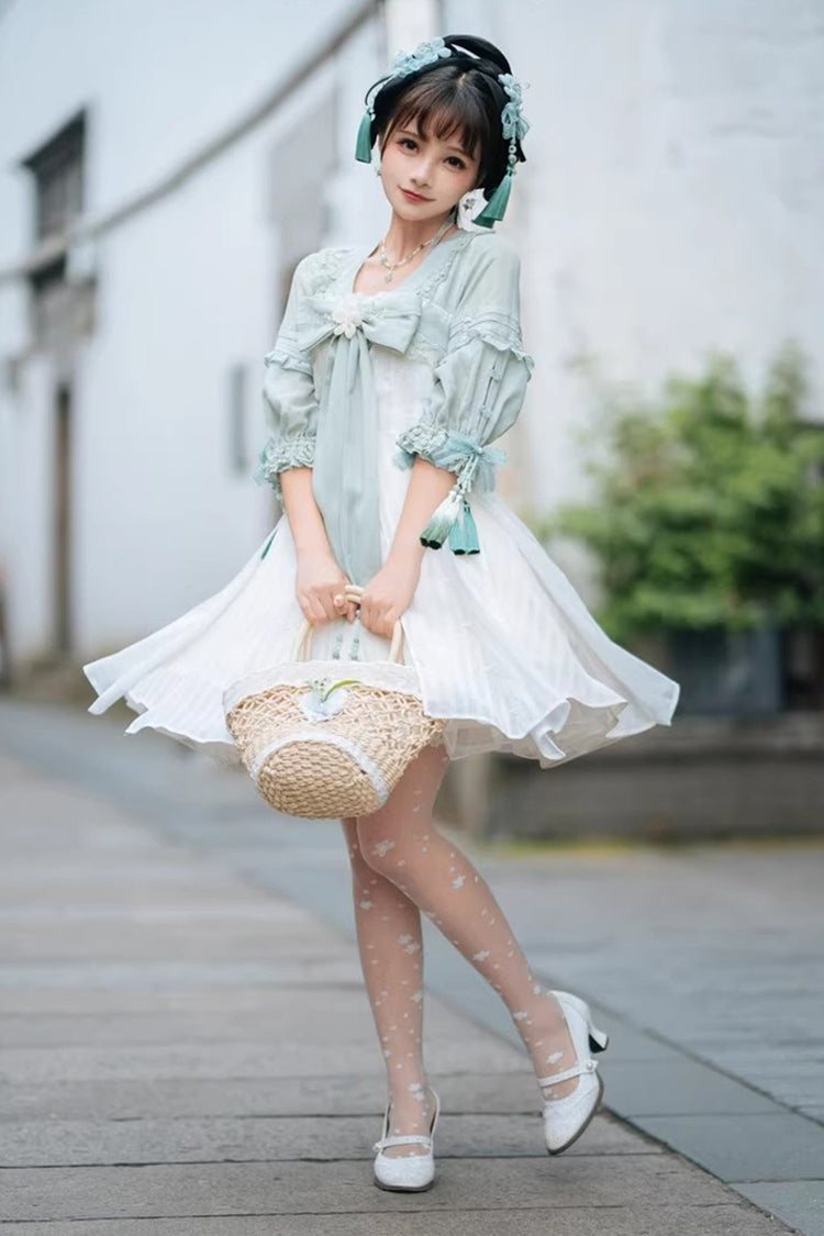 White/Green Half Sleeves Ruffled Bow Sweet Chinese Style Lolita Hanfu Dress