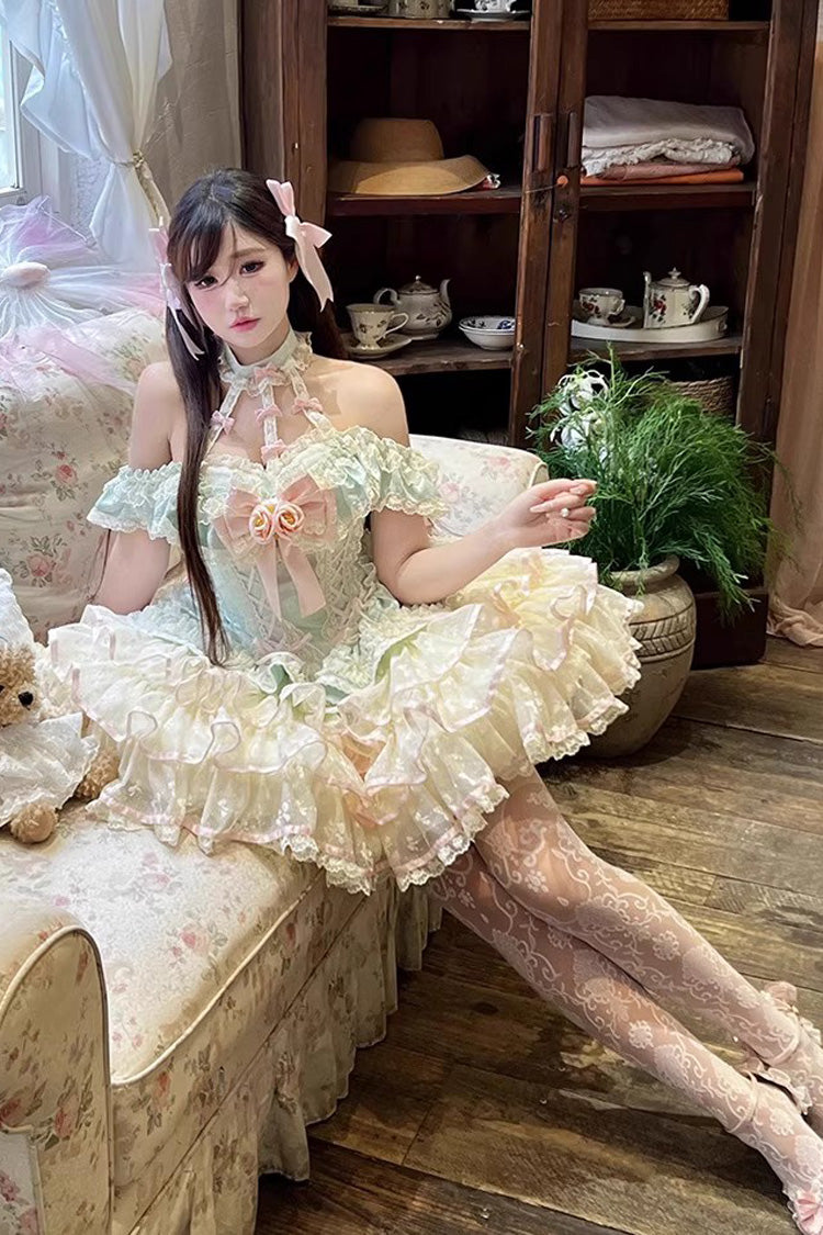 Green Flower Language of Eros Halterneck Multi-Layered Ruffle Bowknot Rose Lace Lace-Up Sweet Ballet Lolita Jsk Dress
