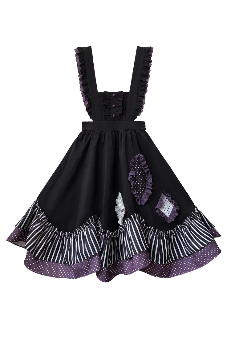 Black Witch Academy Double-Layered Stripe Print Ruffle Bowknot Irregular Sweet Lolita Jumper Dress